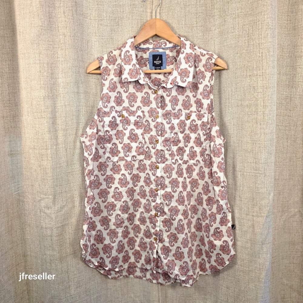 Nautica Jeans Womens XL‎ Sleeveless Button Down Blouse Pink Paisley Cotton Top